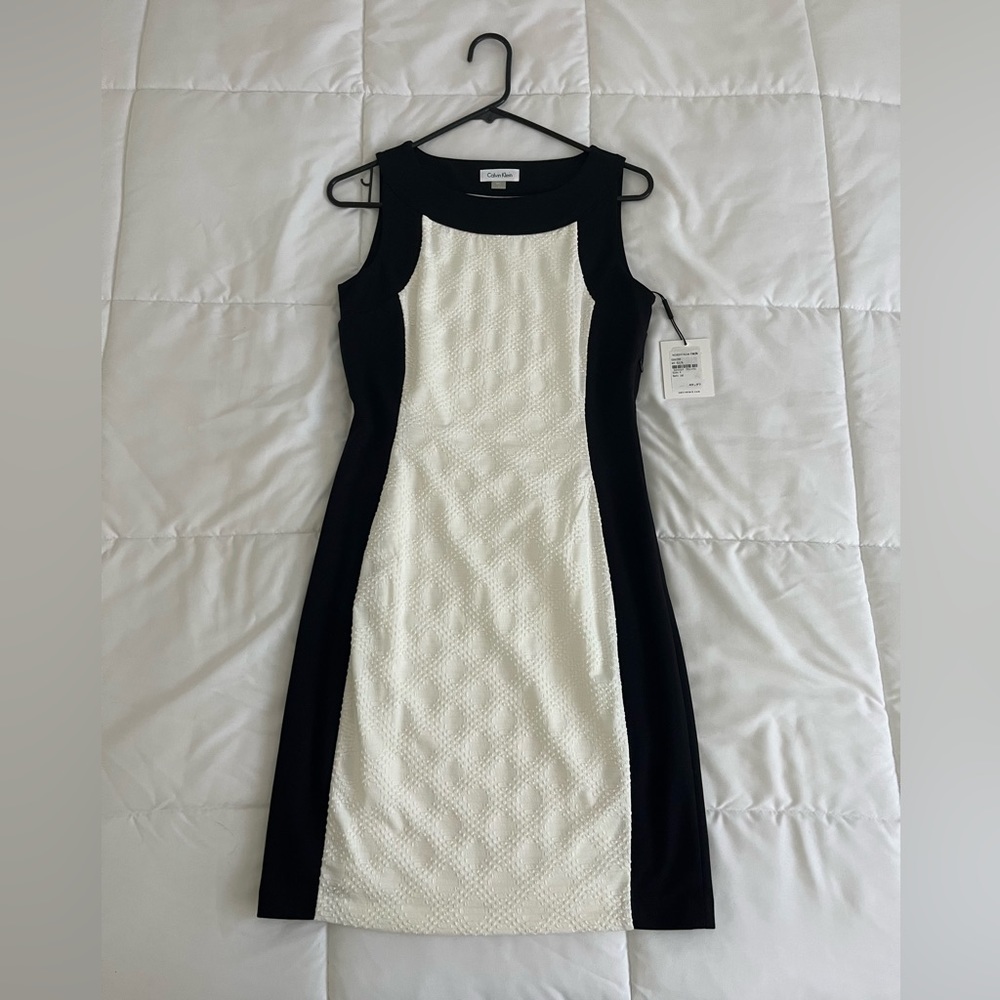 Calvin Klein Black and White Textured Panel Midi Dress